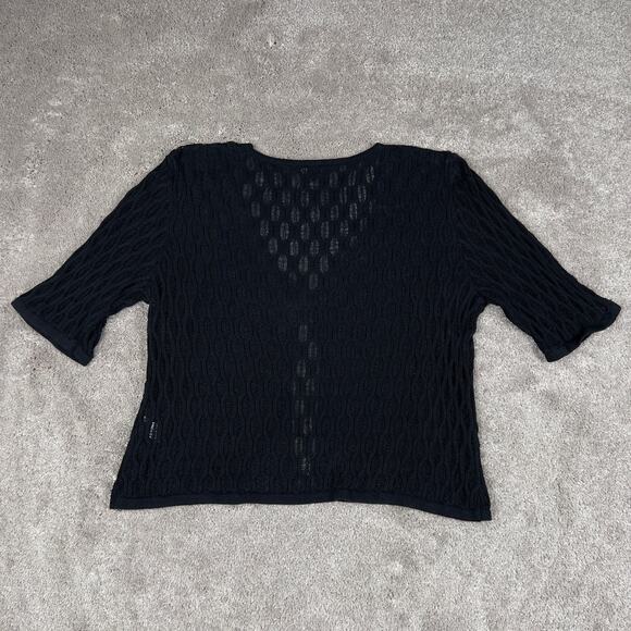 Black Cable & Gauge Knit Sweater Cardigan Size L Half Sleeve Rayon Cotton Blend - Picture 3 of 4